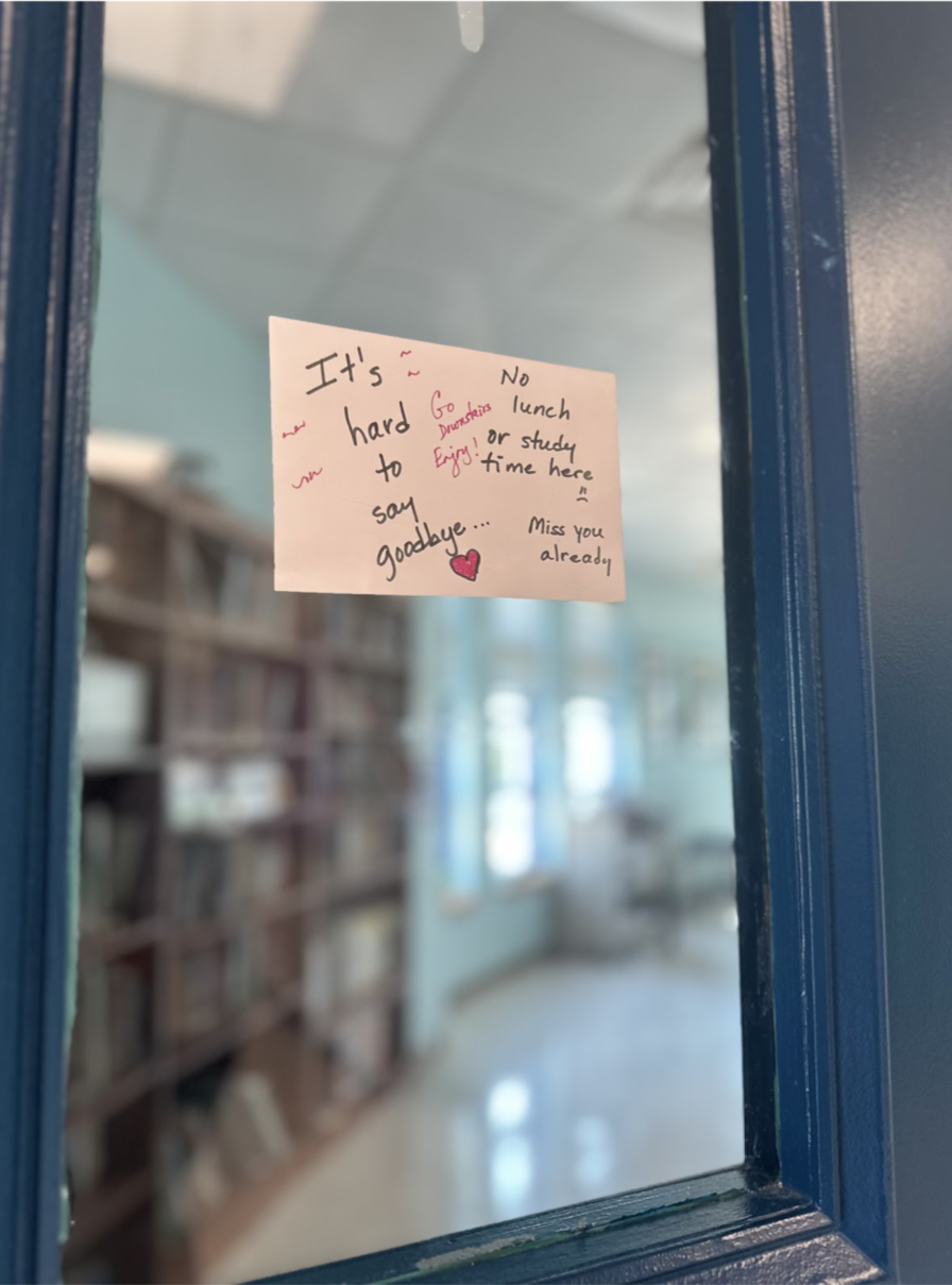 The school library’s door displays a heartbreaking note to students. The library is closed to students during lunchtime and free periods.