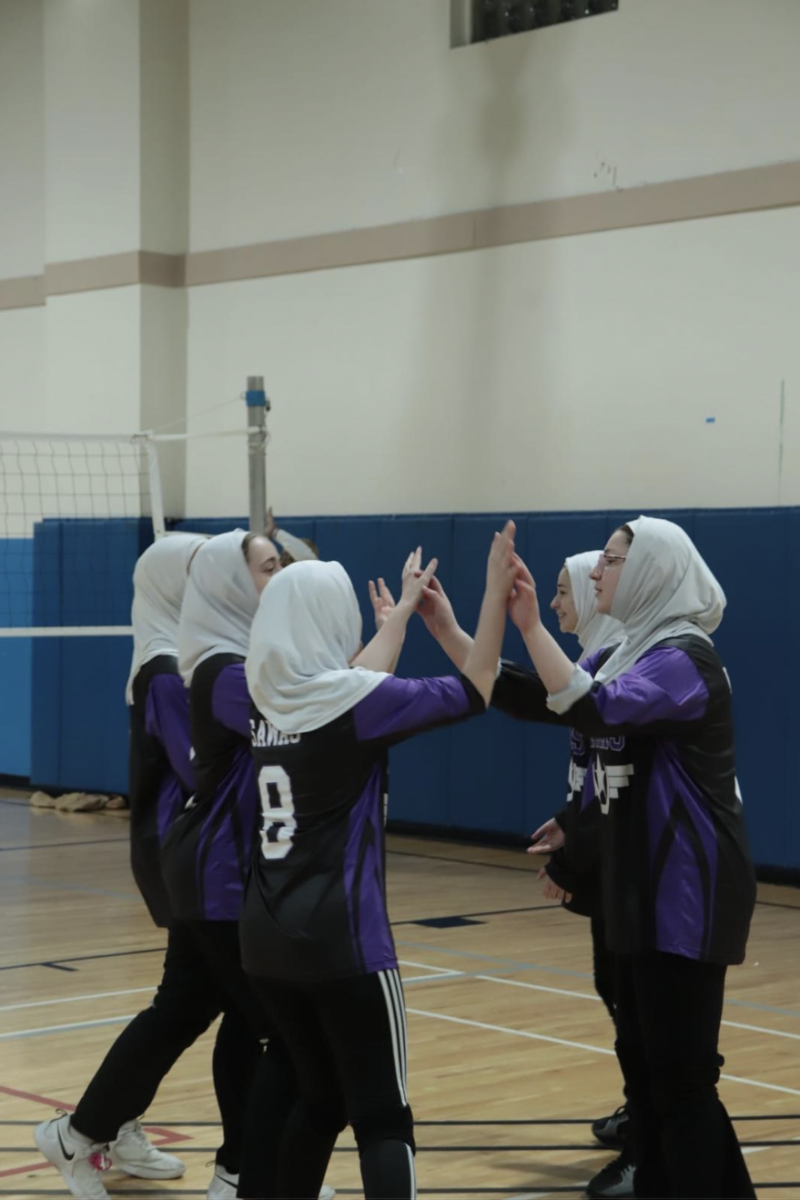The BHA MIST Volleyball team congratulate eachother after scoring a point.