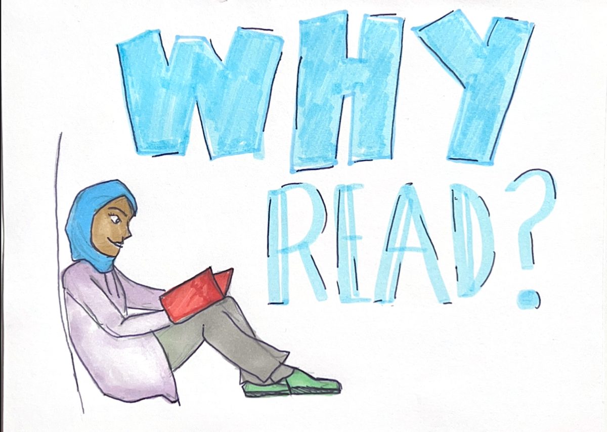 Illustration of a hijabi girl reading an interesting book